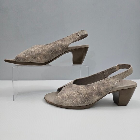 Munro Rochelle Heel Womens 9 Taupe Shimmer Suede Slingback Peep Toe Comfort - Picture 2 of 13